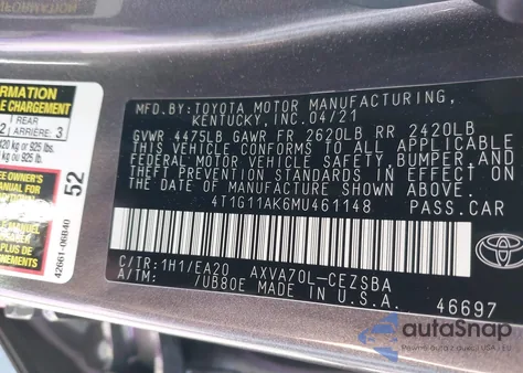 2021 Toyota Camry Se z USA, uszkodzony, nr VIN 4T1G11AK6MU461148